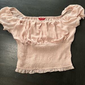 GUESS Y2K Womens Medium Smocked Cropped Blushpink Puff Sleeve Shirt‎